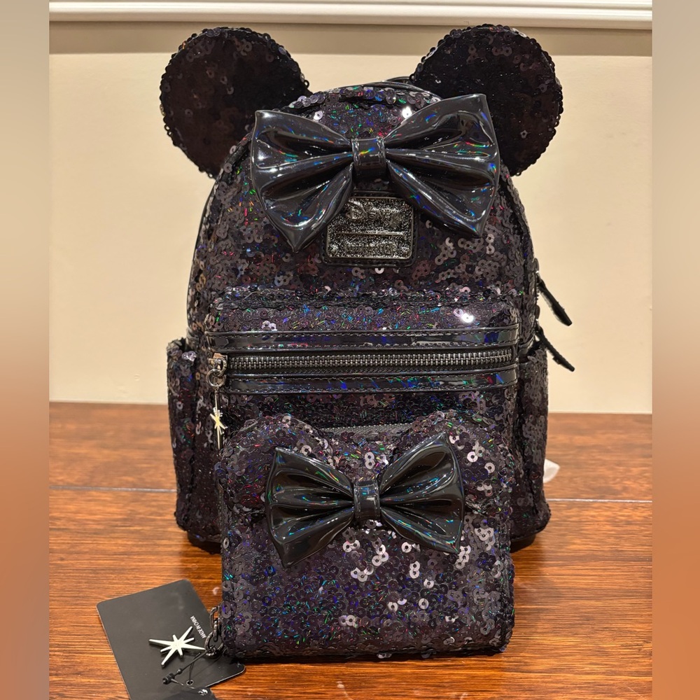 Loungefly Disney Celestial Dreams Black Sequin Minnie Mouse Backpack and Wallet